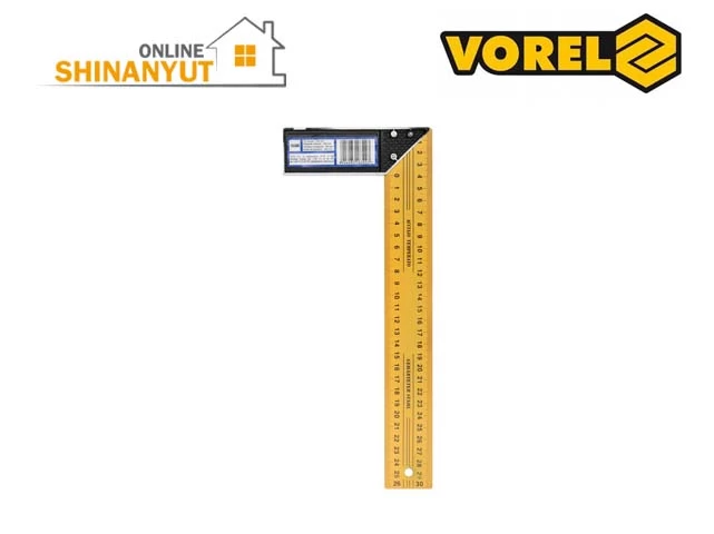 VOREL 18300, անկյունային քանոն, պողպատե քանոն, 300 մմ քանոն, ատաղձագործական անկյունակ, շինարարական չափիչ գործիք, ալյումինե հենակով քանոն, չափիչ գործիքներ VOREL 18300, столярный угольник, угольник 300 мм, строительный угольник, измерительный инструмент, угольник с алюминиевой ножкой, стальной угольник, инструменты для столярных работ VOREL 18300, carpenter’s square, 300 mm square ruler, construction square, measuring tool, aluminium stock square, hardened steel square, woodworking measuring tool