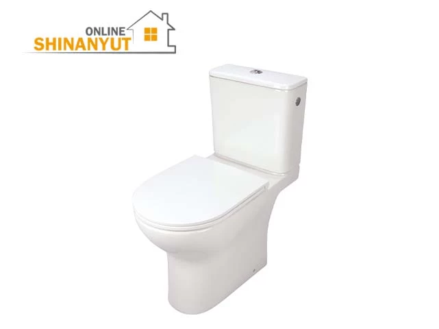 CROMA սպիտակ հախճապակյա կոնքաման ժամանակակից դիզայնով և երկակի լվացման կոճակով Белый керамический унитаз с современным дизайном и двойной кнопкой смыва White ceramic toilet with a modern design and a double flush button.
