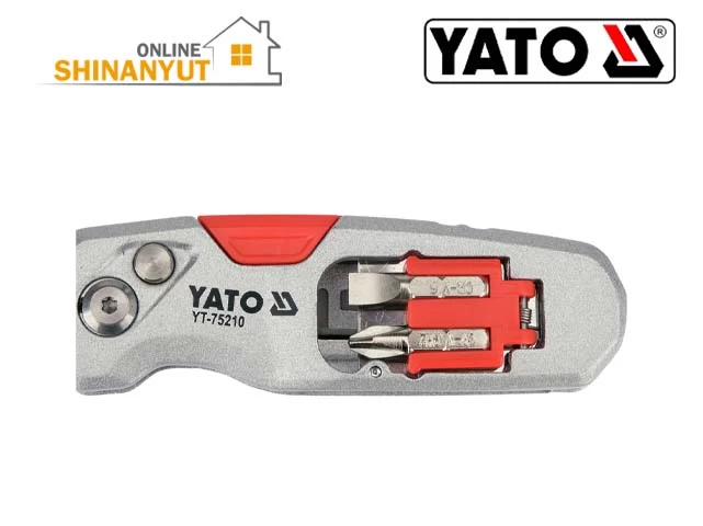 YATO YT-75210, YATO դանակ, գործնական դանակ, տրապեցաձև շեղբով դանակ, շինարարական դանակ, գիպսաստվարաթղթի դանակ, փոխարինվող շեղբով դանակ, պտուտակահանի բիթերով դանակ, շինարարական գործիքներ YATO YT-75210, нож YATO, строительный нож, нож с трапециевидным лезвием, монтажный нож, нож для гипсокартона, нож со сменным лезвием, нож с битами, строительные инструменты YATO YATO YT-75210, YATO utility knife, trapezoidal blade knife, construction knife, drywall utility knife, SK5 blade knife, replacement blade knife, utility knife with screwdriver bits, YATO hand tools