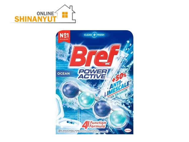 Bref Power Active, Ocean Breeze, զուգարանակոնքի եզրերի համար նախատեսված միջոց  средство для заделки ободка унитаза  toilet rim block, զուգարանակոնքի մաքրող միջոց  очиститель для унитаза toilet cleaner, զուգարանակոնքի թարմացնող միջոց  освежитель для унитаза toilet freshener, զուգարանակոնքի մաքրող միջոց  средство для чистки унитаза WC cleaner, կրաքարի կուտակումից պաշտպանություն  защита от известкового налета  limescale protection, 50 գ, Bref 9000101820454