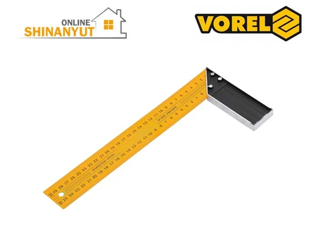 VOREL 18300, անկյունային քանոն, պողպատե քանոն, 300 մմ քանոն, ատաղձագործական անկյունակ, շինարարական չափիչ գործիք, ալյումինե հենակով քանոն, չափիչ գործիքներ VOREL 18300, столярный угольник, угольник 300 мм, строительный угольник, измерительный инструмент, угольник с алюминиевой ножкой, стальной угольник, инструменты для столярных работ VOREL 18300, carpenter’s square, 300 mm square ruler, construction square, measuring tool, aluminium stock square, hardened steel square, woodworking measuring tool