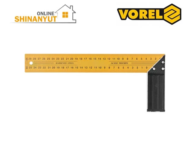 VOREL 18300, անկյունային քանոն, պողպատե քանոն, 300 մմ քանոն, ատաղձագործական անկյունակ, շինարարական չափիչ գործիք, ալյումինե հենակով քանոն, չափիչ գործիքներ VOREL 18300, столярный угольник, угольник 300 мм, строительный угольник, измерительный инструмент, угольник с алюминиевой ножкой, стальной угольник, инструменты для столярных работ VOREL 18300, carpenter’s square, 300 mm square ruler, construction square, measuring tool, aluminium stock square, hardened steel square, woodworking measuring tool